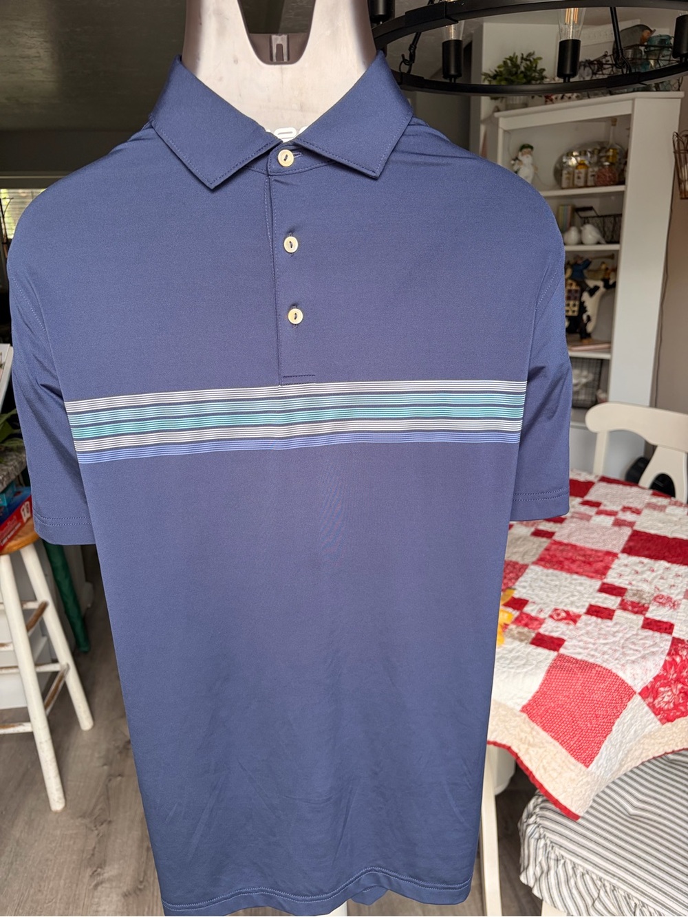 Peter Millar Navy Polo with Light Blue and Aqua Stripes